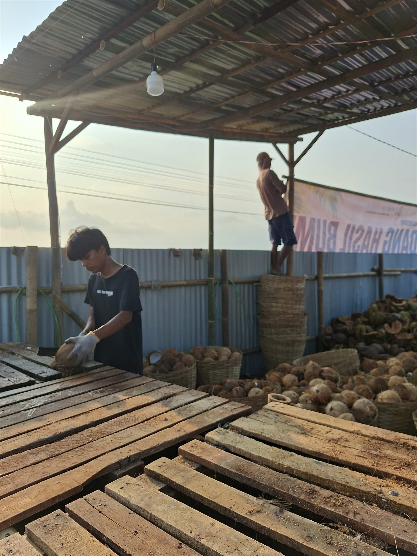 Pekerja memotong dan membersihkan tempurung kelapa